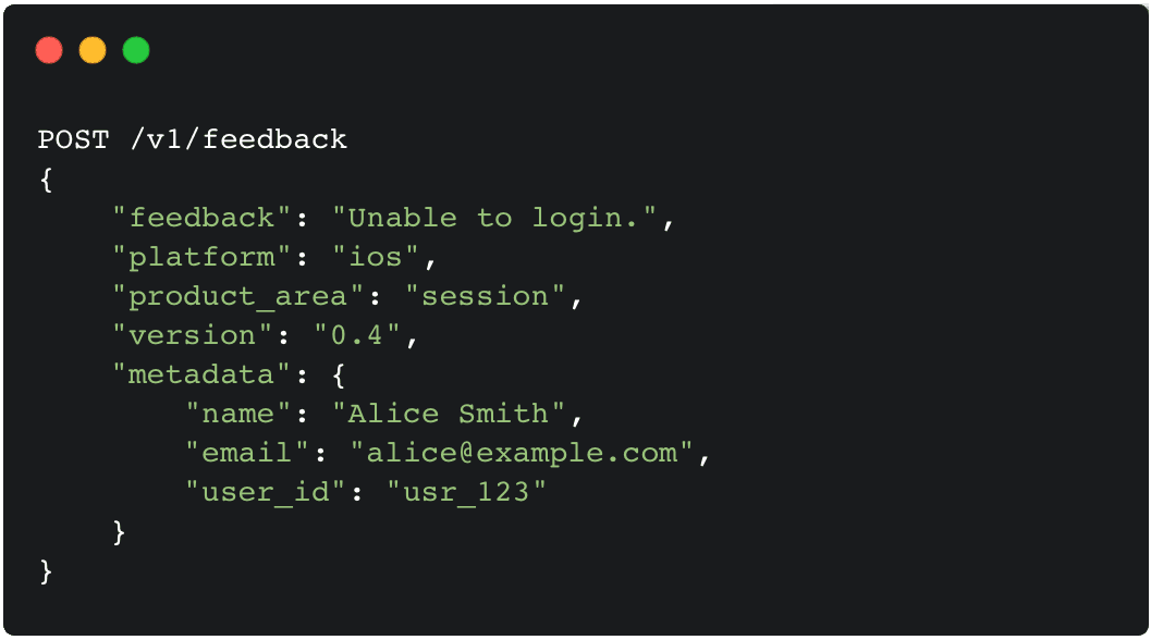 Code snippet showing how to send feedback to Matome with a single API call