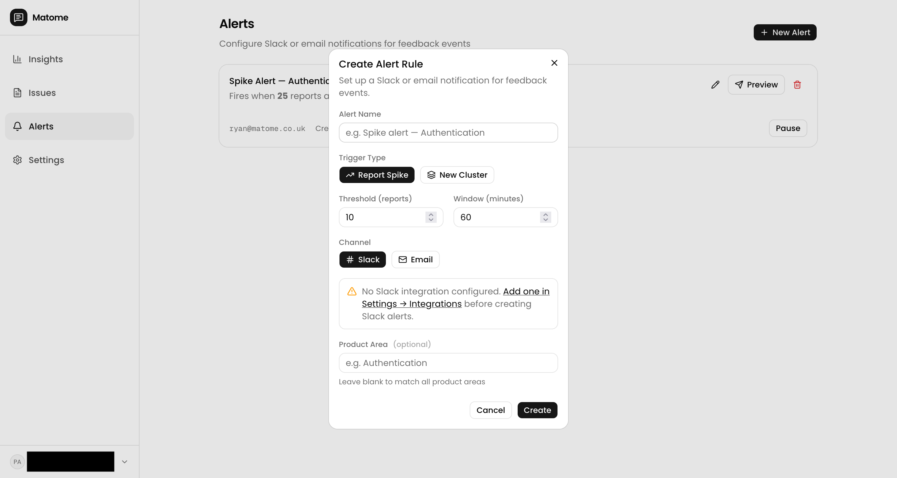 Alerts page showing spike thresholds and Slack notifications for new issue clusters