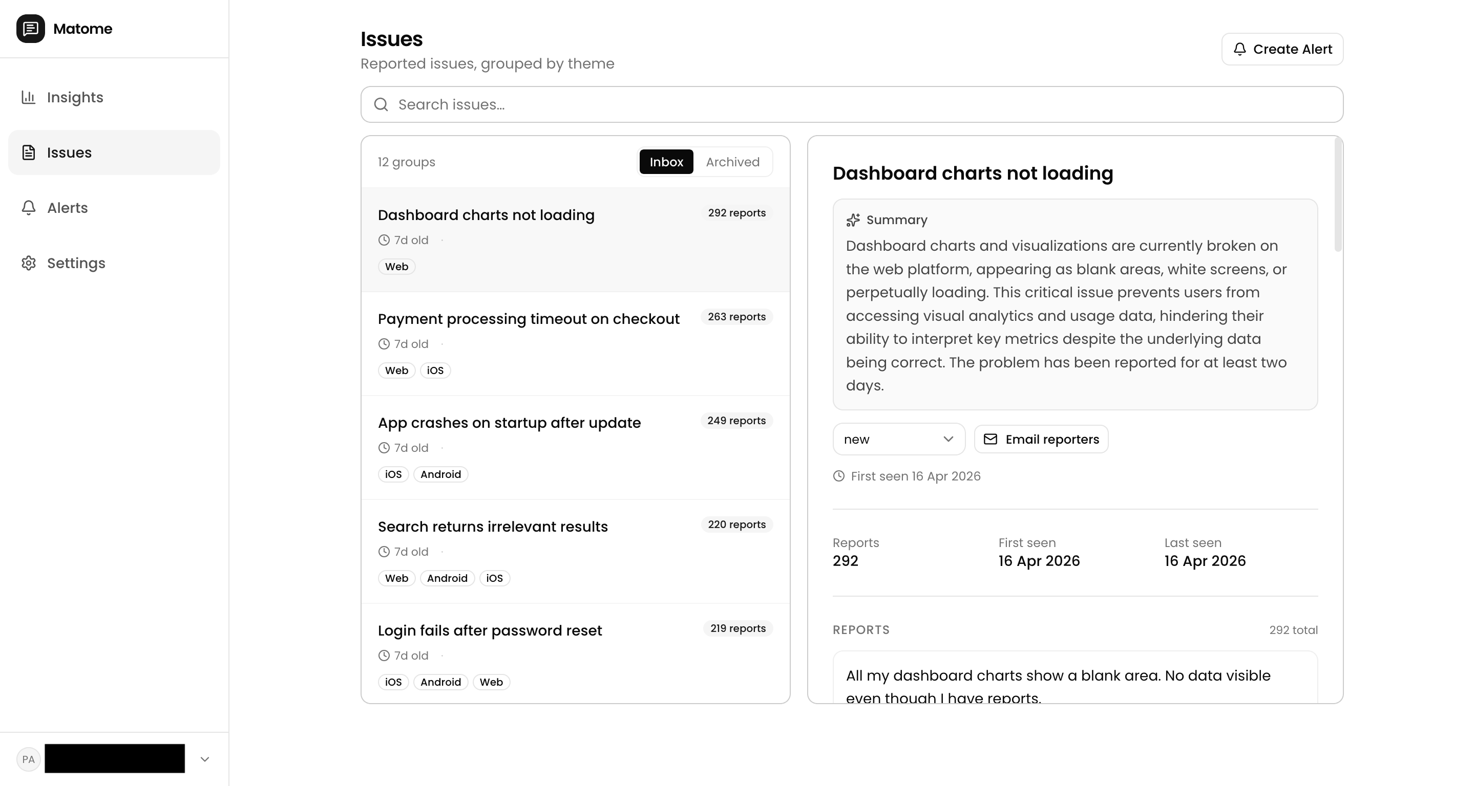 Issues page showing user feedback grouped into clusters with volume and summary